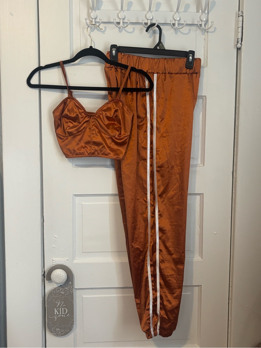 Weissman Copper Satin Jogger & Crop Top Set